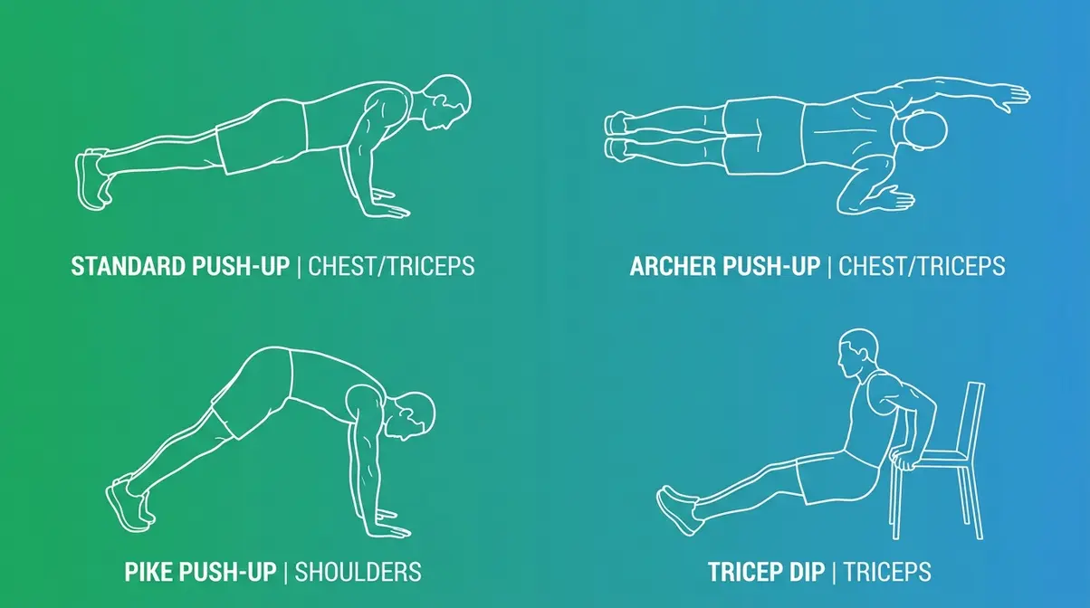 Best upper body home exercises — push-up, archer push-up, pike push-up, and tricep dip illustrated