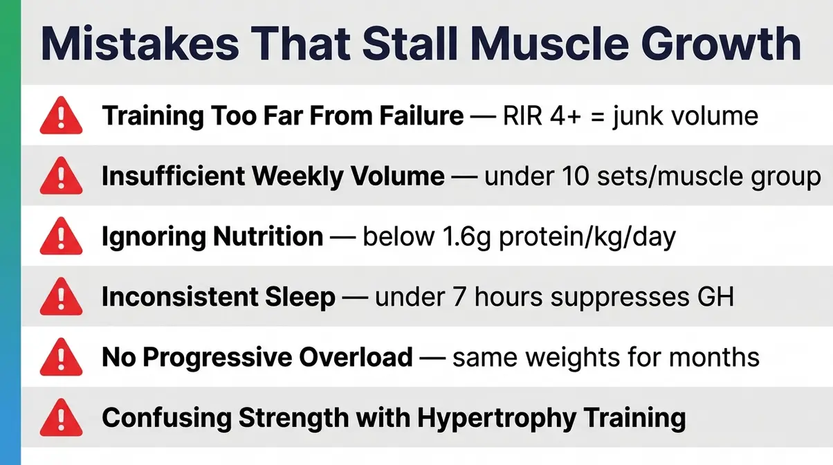 Six common hypertrophy training mistakes including insufficient volume, poor nutrition, and lack of progressive overload