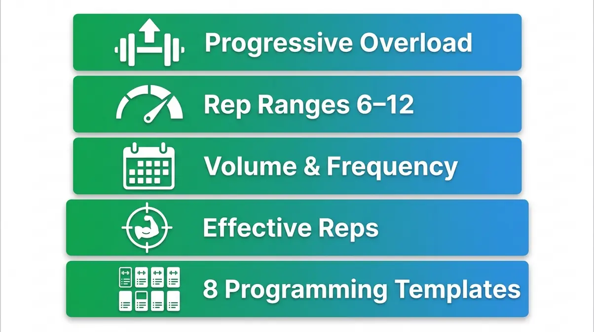 Five evidence-based hypertrophy training principles: progressive overload, rep ranges, volume, effective reps, and programming templates
