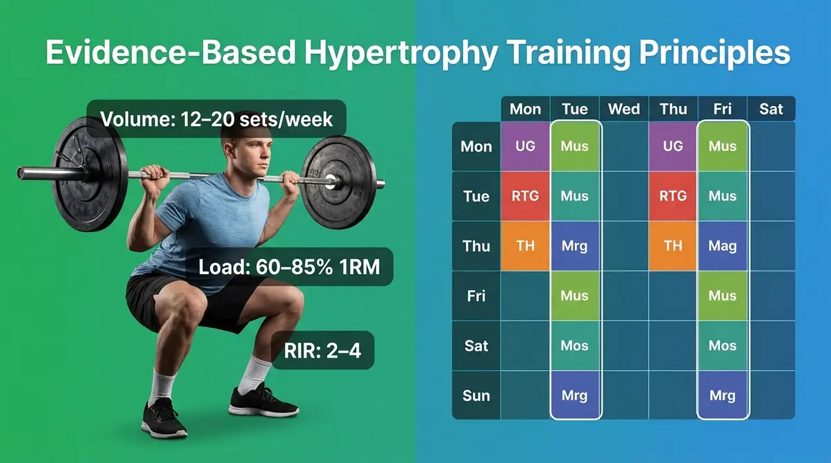 Evidence-based hypertrophy training principles showing volume, load, and weekly training frequency guidelines for muscle growth
