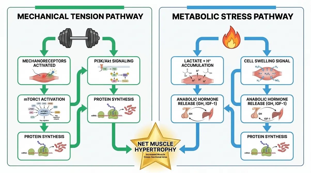 Infographic comparing mechanical tension and metabolic stress pathways showing how both drive muscle protein synthesis