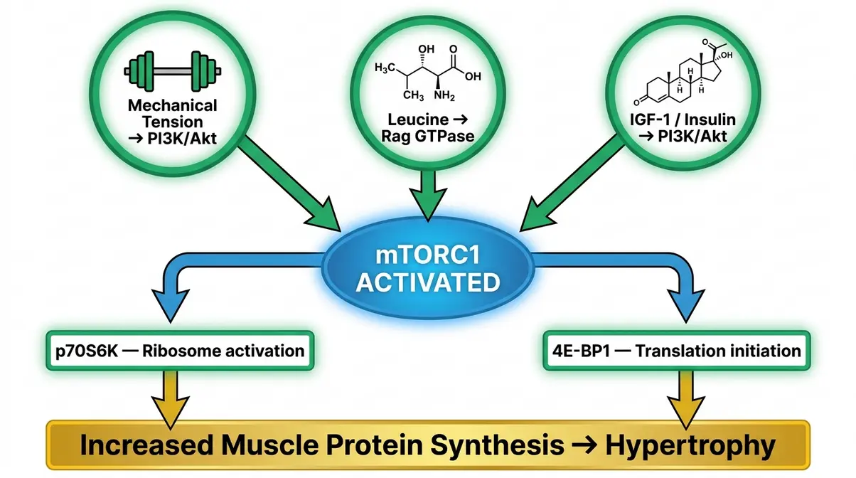 mTOR pathway diagram showing mechanical tension and leucine activating mTORC1 to drive muscle protein synthesis