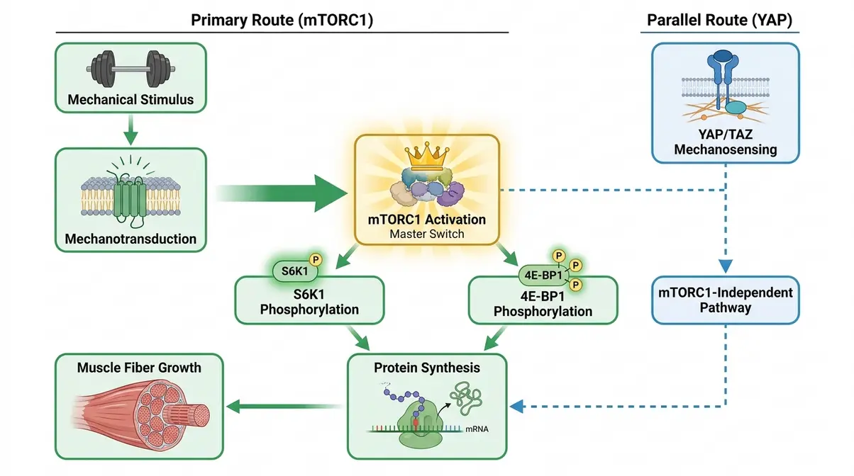 mTORC1 signaling pathway diagram showing how mechanical tension triggers muscle protein synthesis with YAP parallel route