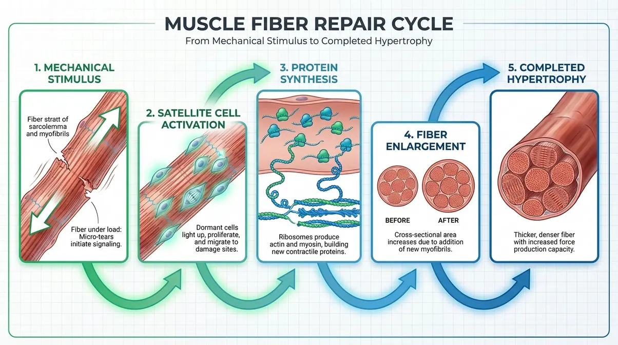 Muscle hypertrophy repair cycle diagram showing fiber growth from mechanical stimulus to protein synthesis