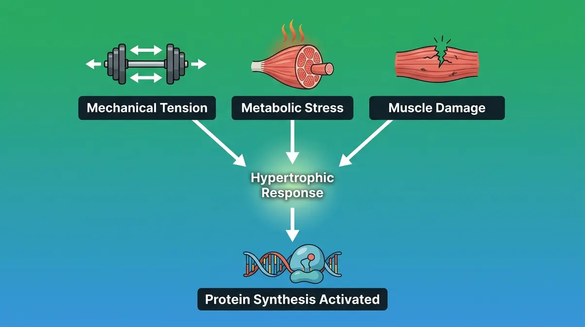 Diagram showing three mechanisms of muscle growth: mechanical tension, metabolic stress, and muscle damage