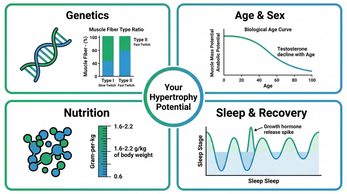 Four key factors determining muscle growth rate: genetics, age and sex, nutrition, and sleep and recovery