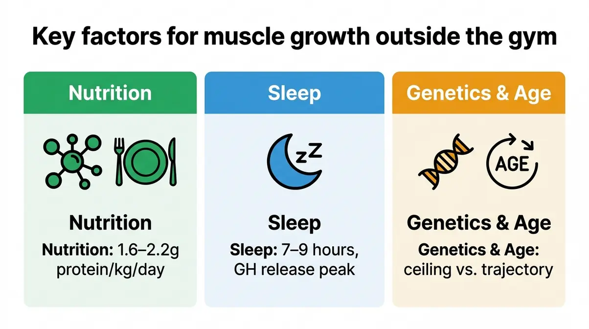 Key factors for muscle growth infographic showing nutrition protein intake, sleep duration, and genetics influence