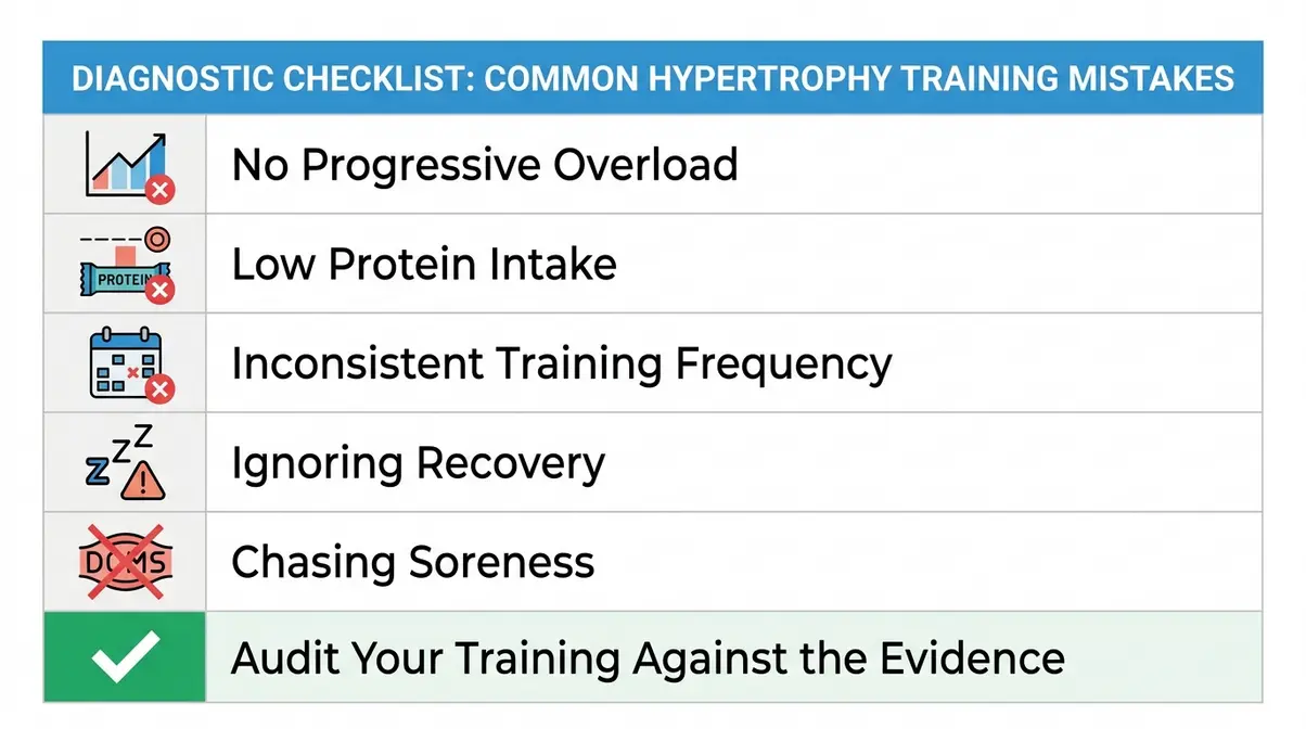 Common muscle growth training mistakes checklist including insufficient progressive overload, low protein intake, and poor recovery