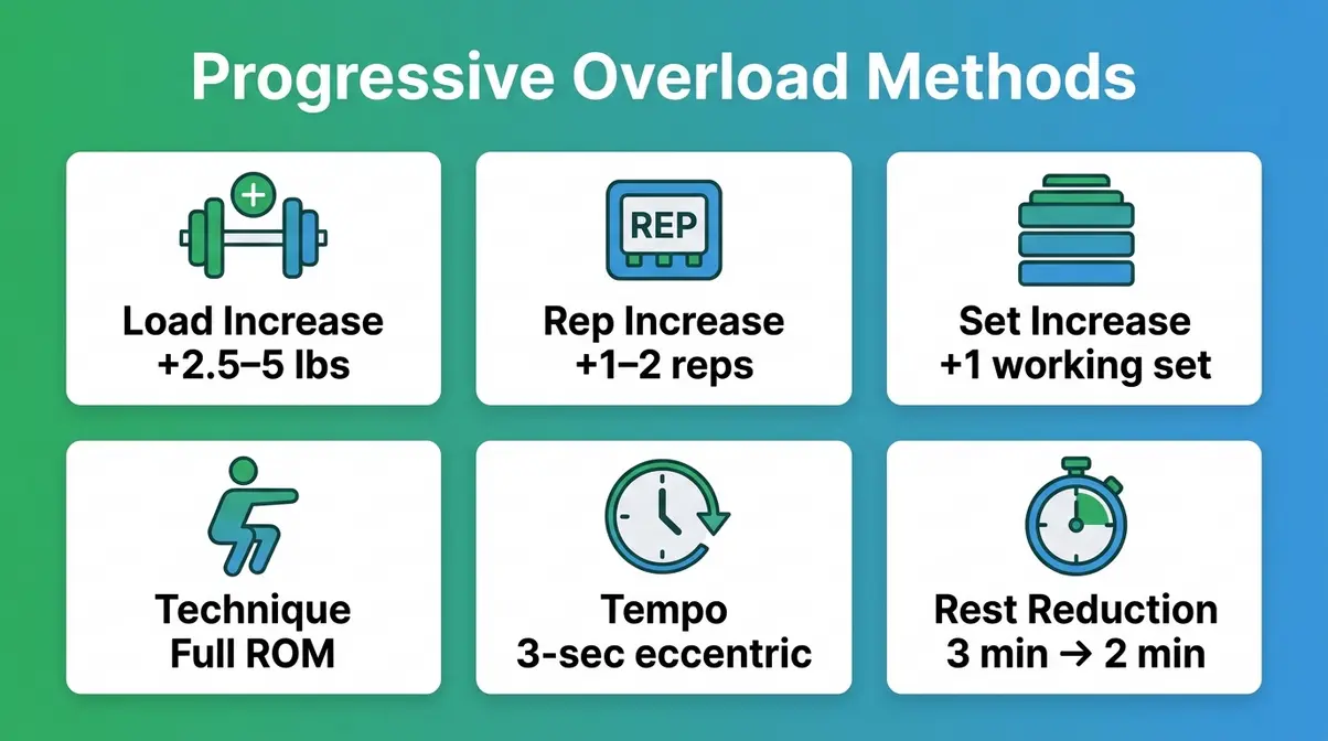 Progressive overload methods chart showing six ways to increase training stress for muscle hypertrophy