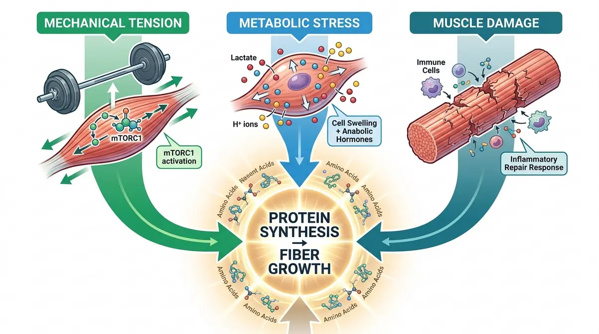 Infographic showing three mechanisms of muscle hypertrophy: mechanical tension, metabolic stress, and muscle damage converging on protein synthesis