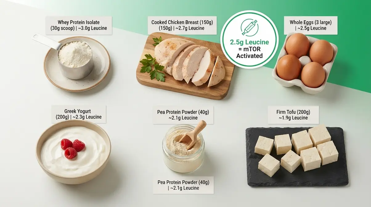Flat-lay of top protein sources for muscle protein synthesis including whey, chicken, eggs, and pea protein with leucine labels