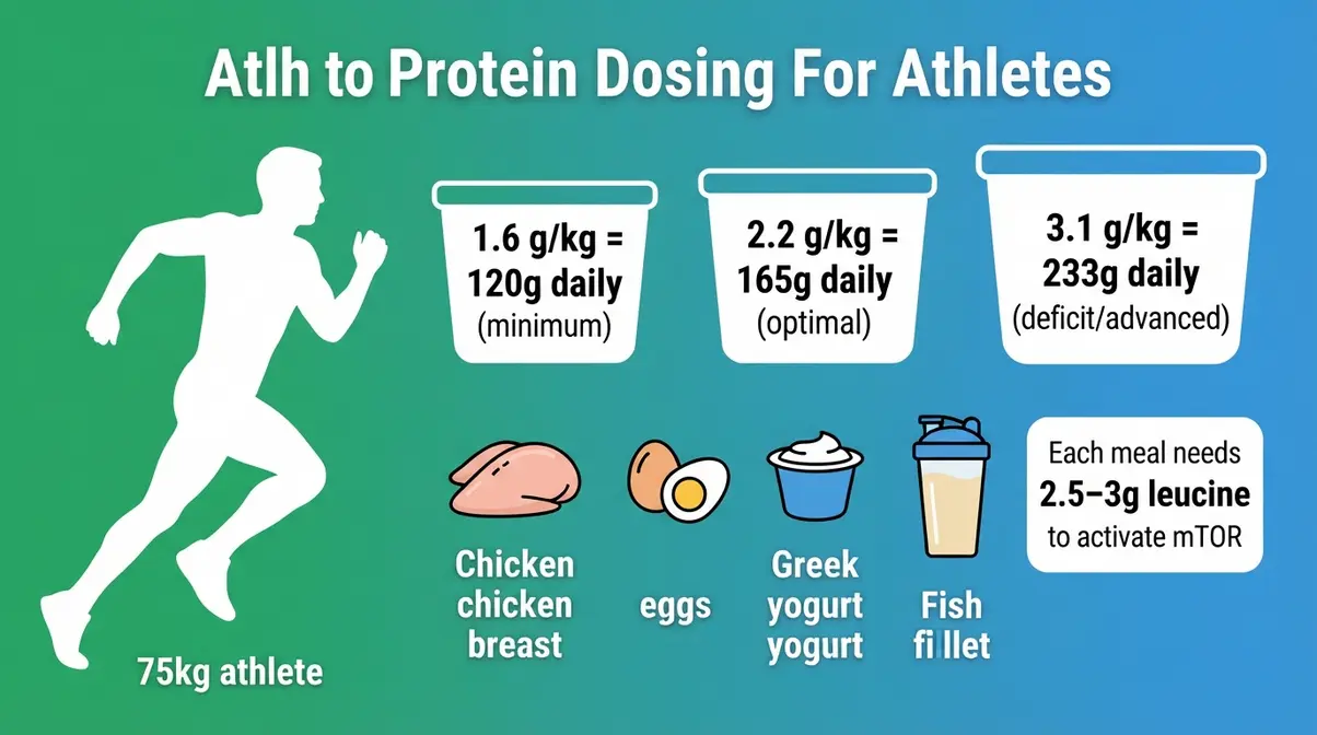 Protein dosing chart showing 1.6 to 2.2 grams per kilogram daily targets to maximize muscle protein synthesis