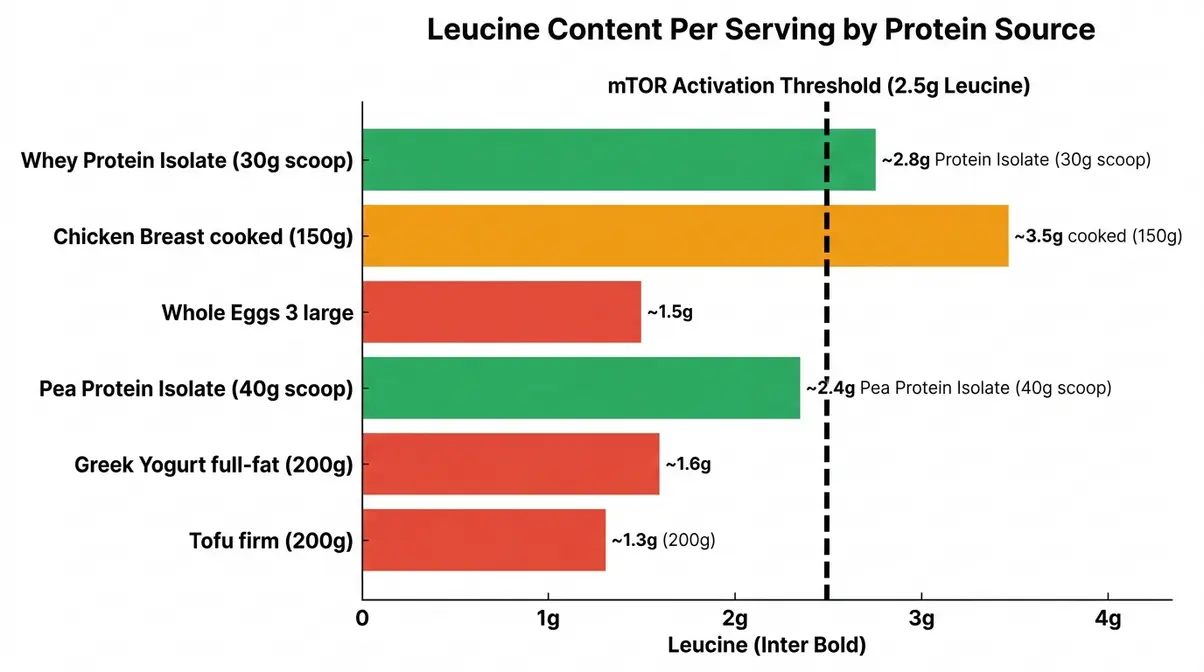 Bar chart comparing leucine content per serving for six protein sources with mTOR threshold line at 2.5g