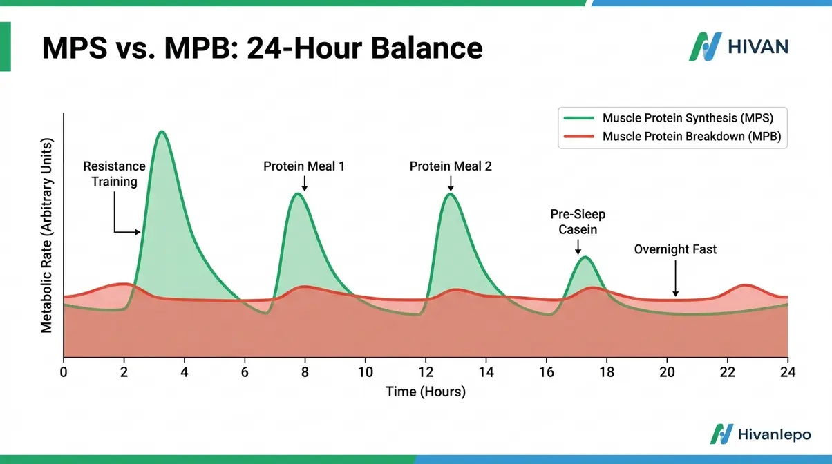 Infographic showing muscle protein synthesis peaks versus breakdown across a 24-hour training day