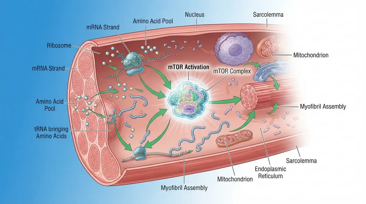 Scientific illustration of muscle protein synthesis showing mTOR activation and amino acid assembly in muscle fiber