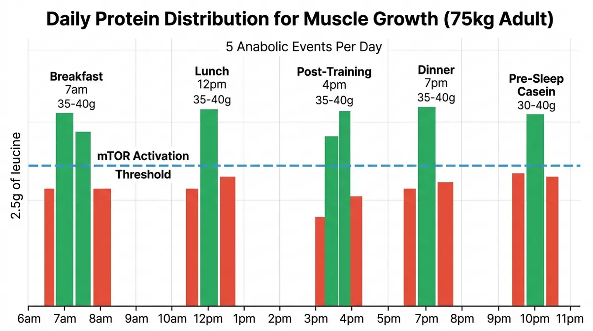 Diagram of optimal five-meal protein distribution for a 75kg adult with leucine threshold markers
