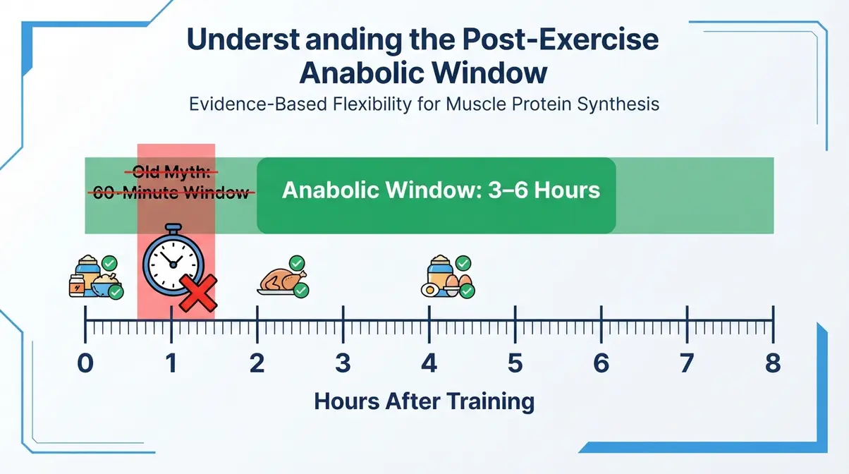 Timeline diagram showing the real post-exercise anabolic window spans three to six hours not sixty minutes