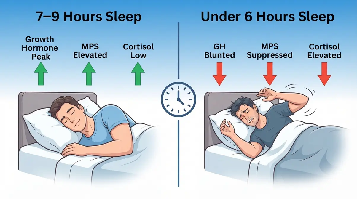 Split illustration comparing muscle protein synthesis outcomes with adequate versus insufficient sleep under six hours