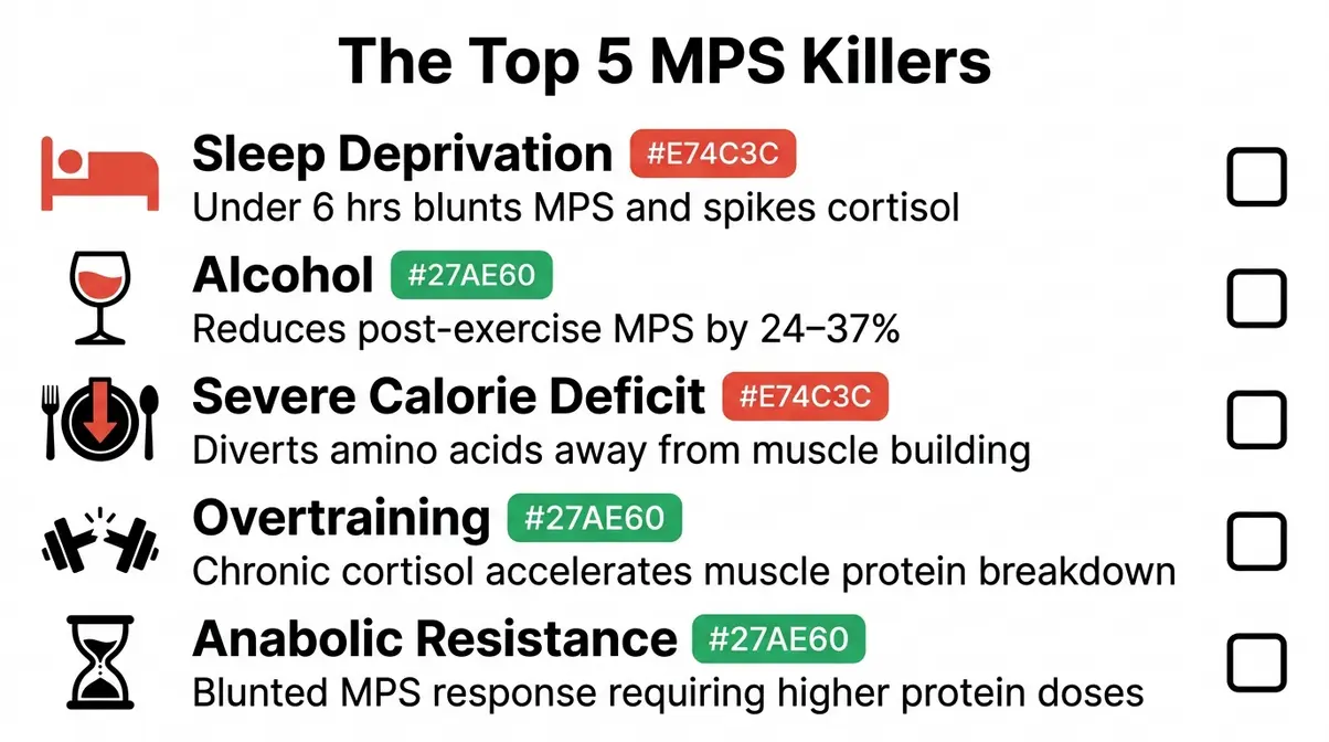 Checklist infographic of five primary inhibitors of muscle protein synthesis with descriptions