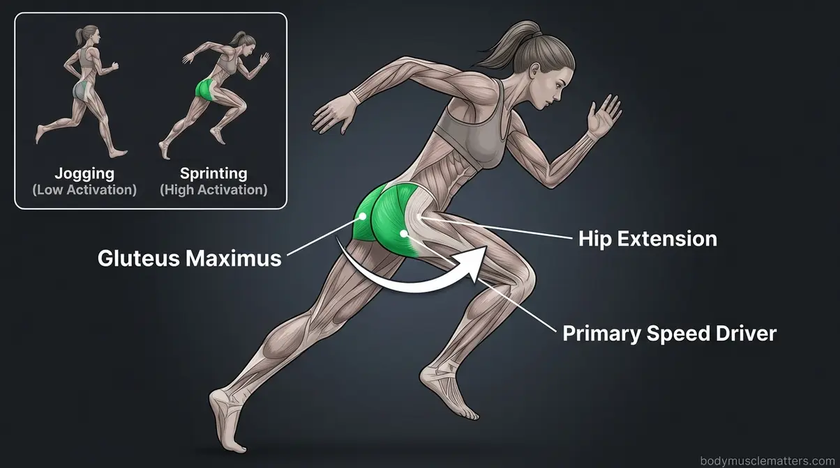 Gluteus maximus highlighted during hip extension in a sprint stride showing its role in forward propulsion