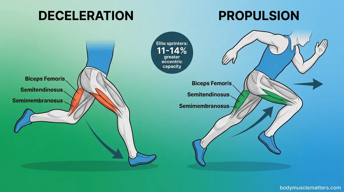 Two-phase illustration showing hamstrings decelerating the swing leg then generating propulsive force during a sprint