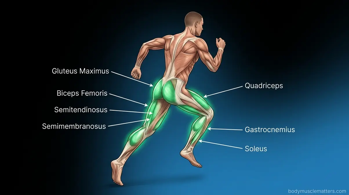 Anatomical illustration of powerhouse muscles — glutes, hamstrings, quads, and calves — that drive running speed