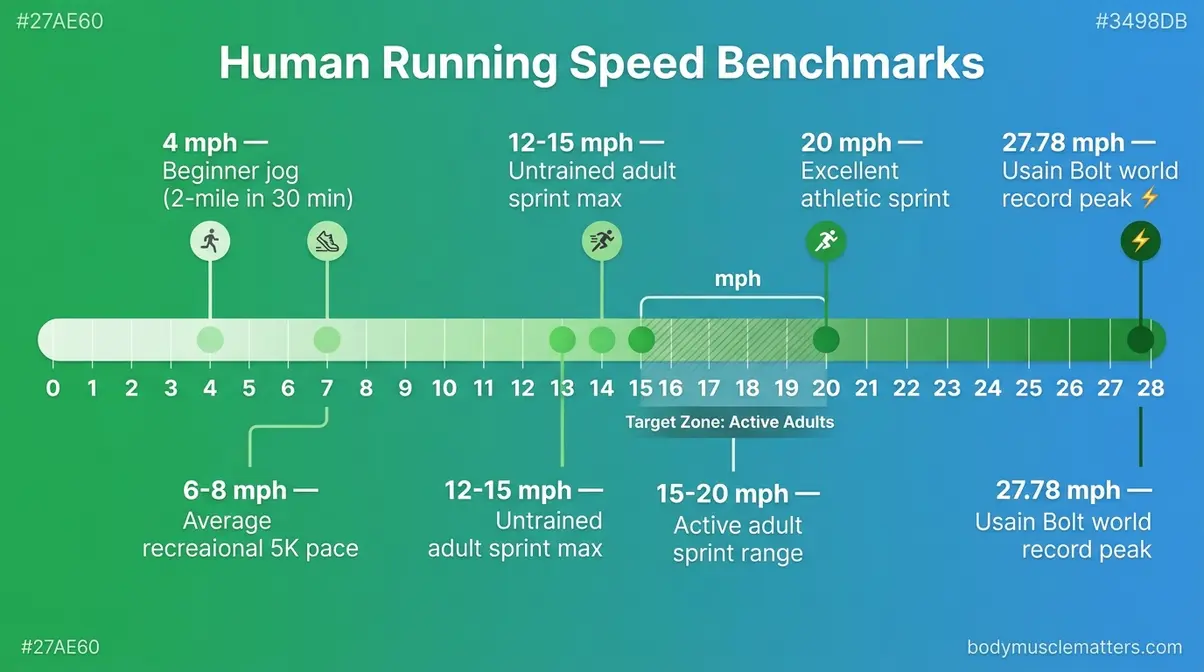 Running speed benchmarks chart showing human sprint speeds from beginner pace to Usain Bolt world record