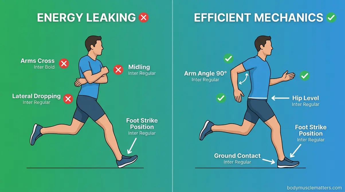 Split comparison illustration showing inefficient overstriding versus efficient running mechanics with proper arm swing and foot strike
