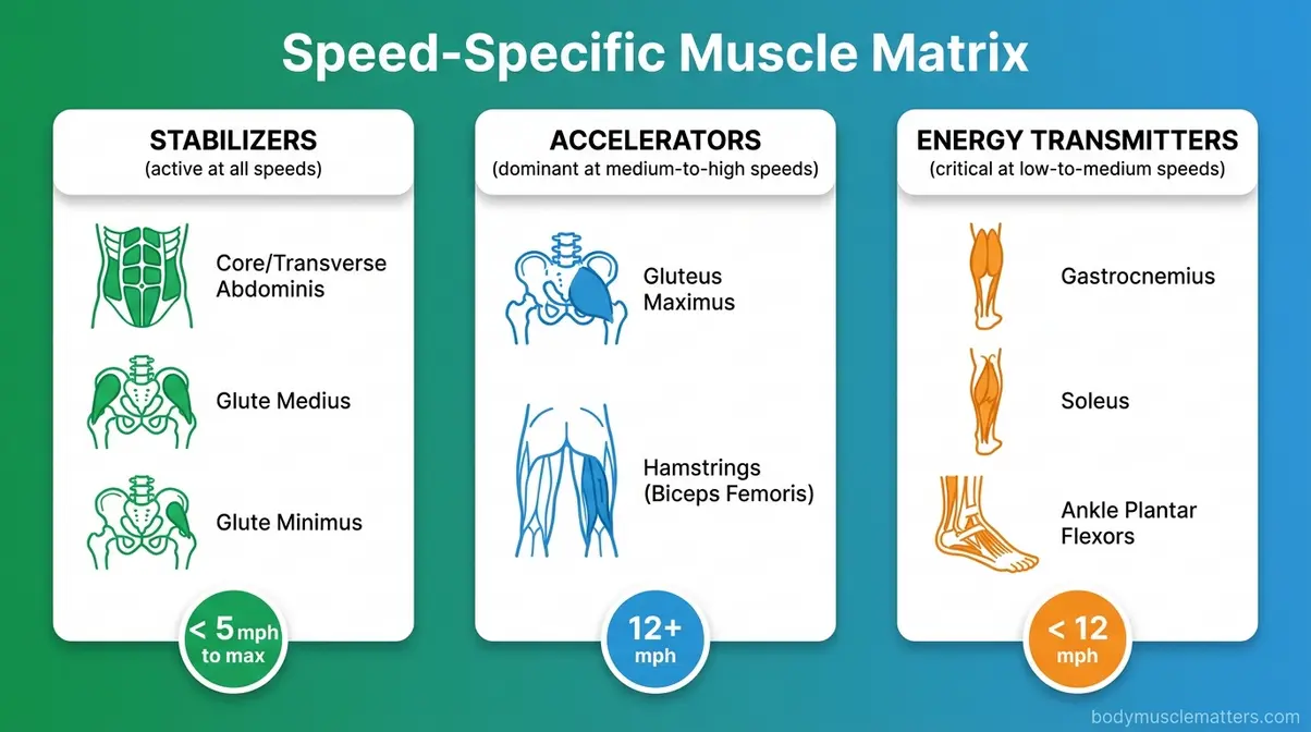 Speed-Specific Muscle Matrix infographic categorizing muscles that help you run faster by velocity role