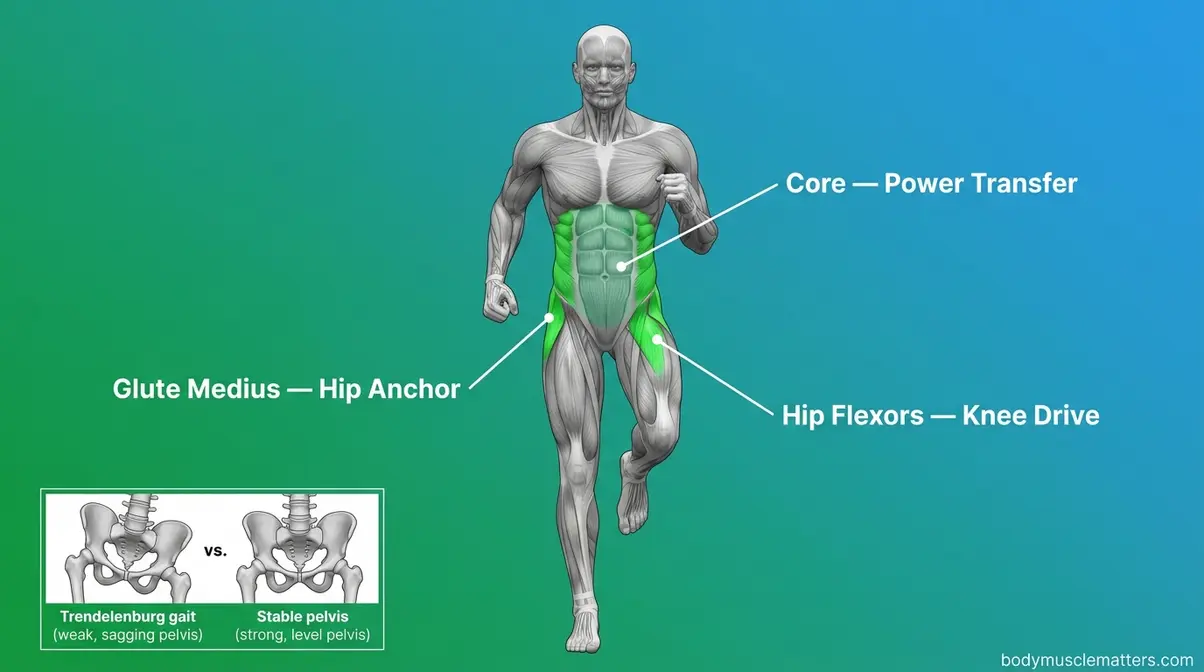 Anatomical illustration of stabilizing muscles — core, glute medius, and hip flexors — that prevent energy leakage during running