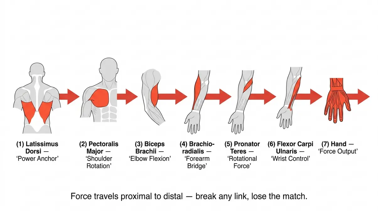 Diagram showing all muscles used in arm wrestling in the proximal-to-distal Pulling Chain sequence