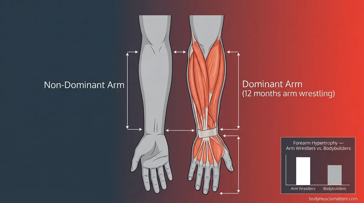 Comparison illustration showing asymmetric forearm muscle growth from arm wrestling training over time