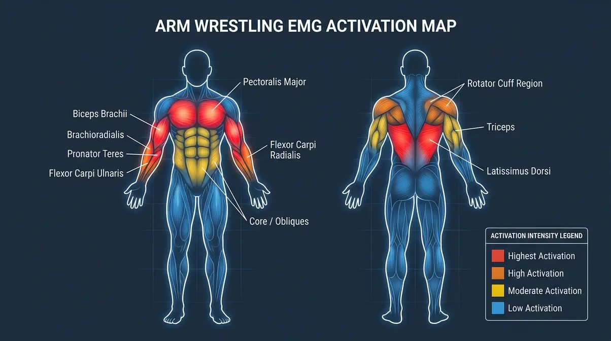 EMG activation heatmap showing all muscles used in arm wrestling by intensity level