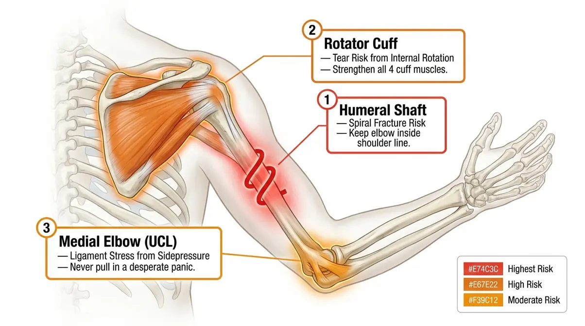 Diagram showing arm wrestling injury risk zones on the upper arm, shoulder, and elbow