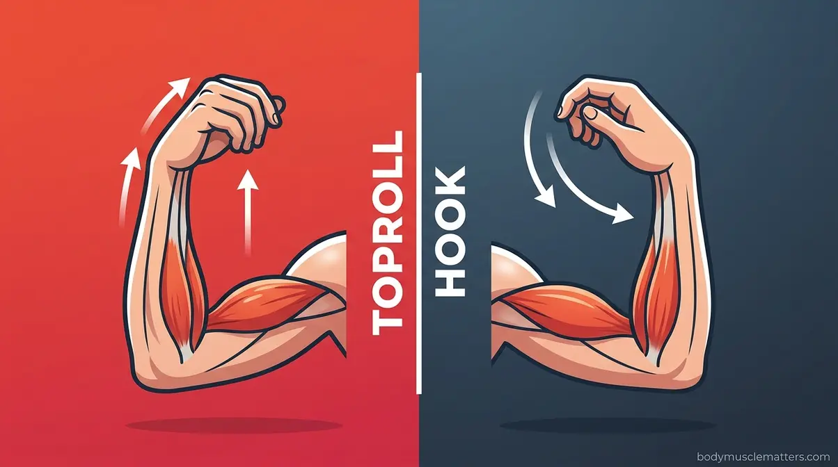 Split illustration comparing toproll and hook arm wrestling techniques with muscle activation highlights