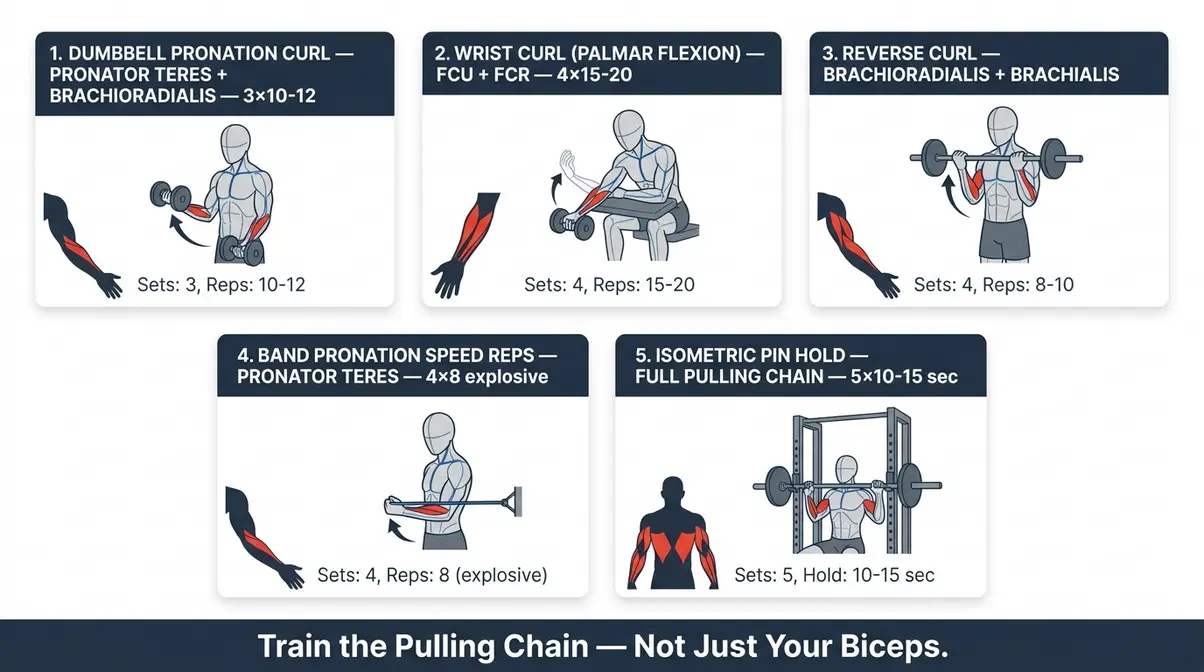 Visual protocol card showing 5 arm wrestling training exercises targeting the Pulling Chain muscles
