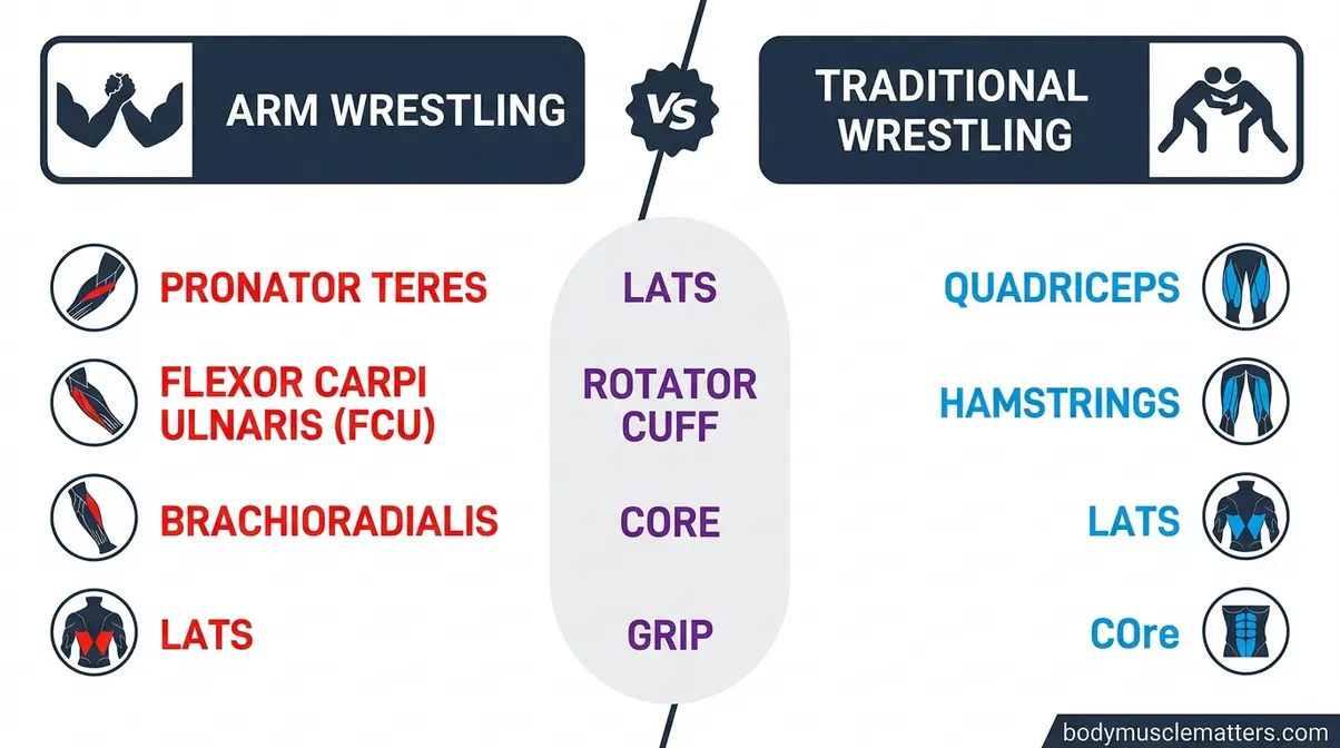 Comparison illustration of muscles used in arm wrestling versus traditional wrestling side by side