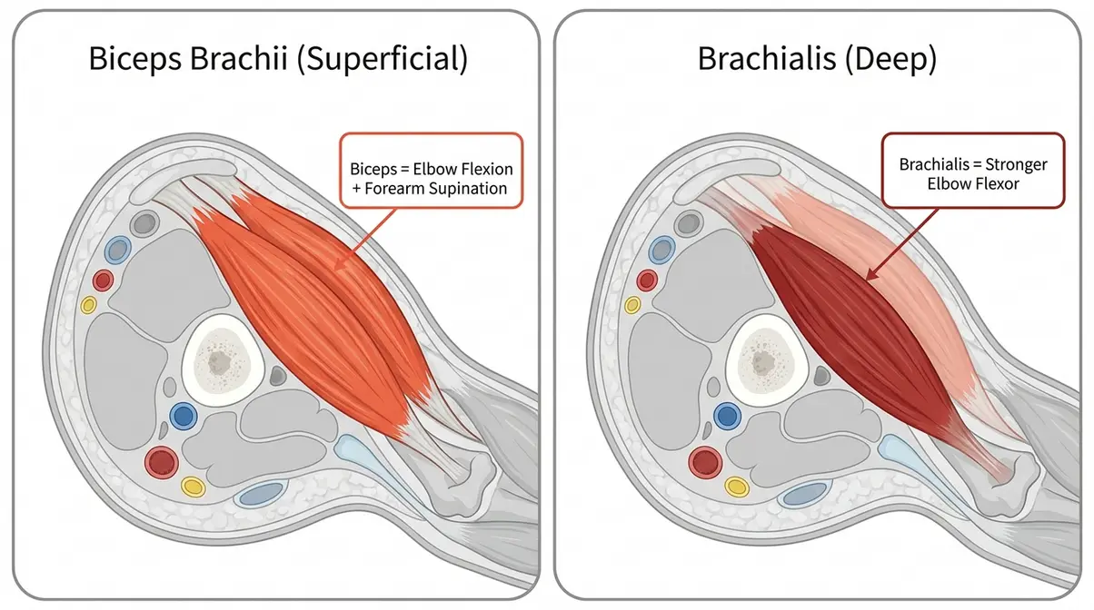 Cross-section diagram of biceps brachii and brachialis muscles used in arm wrestling