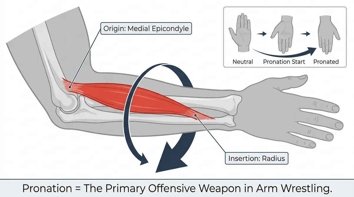 Diagram of pronator teres muscle showing pronation direction in arm wrestling