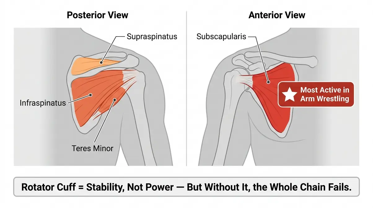 Rotator cuff muscle diagram relevant to shoulder stability in arm wrestling