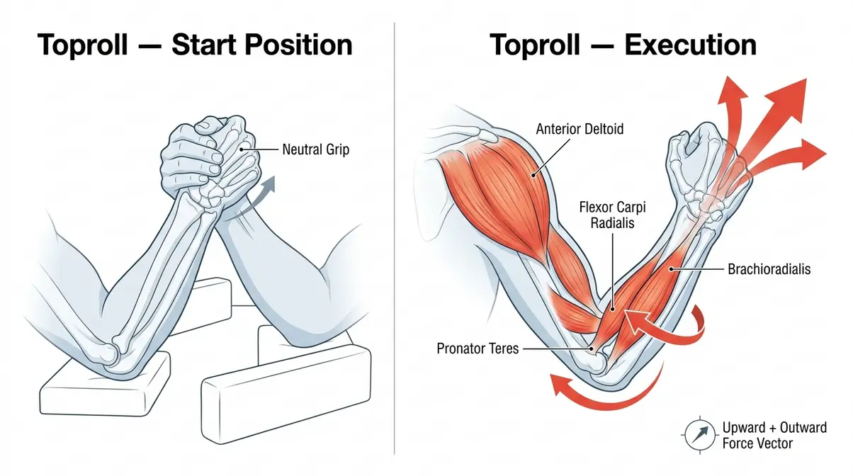 Diagram of muscles activated during the toproll arm wrestling technique