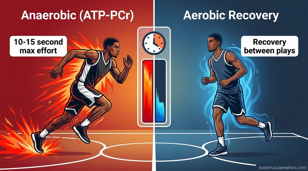 Basketball energy systems diagram showing anaerobic ATP-PCr explosive effort and aerobic recovery phases