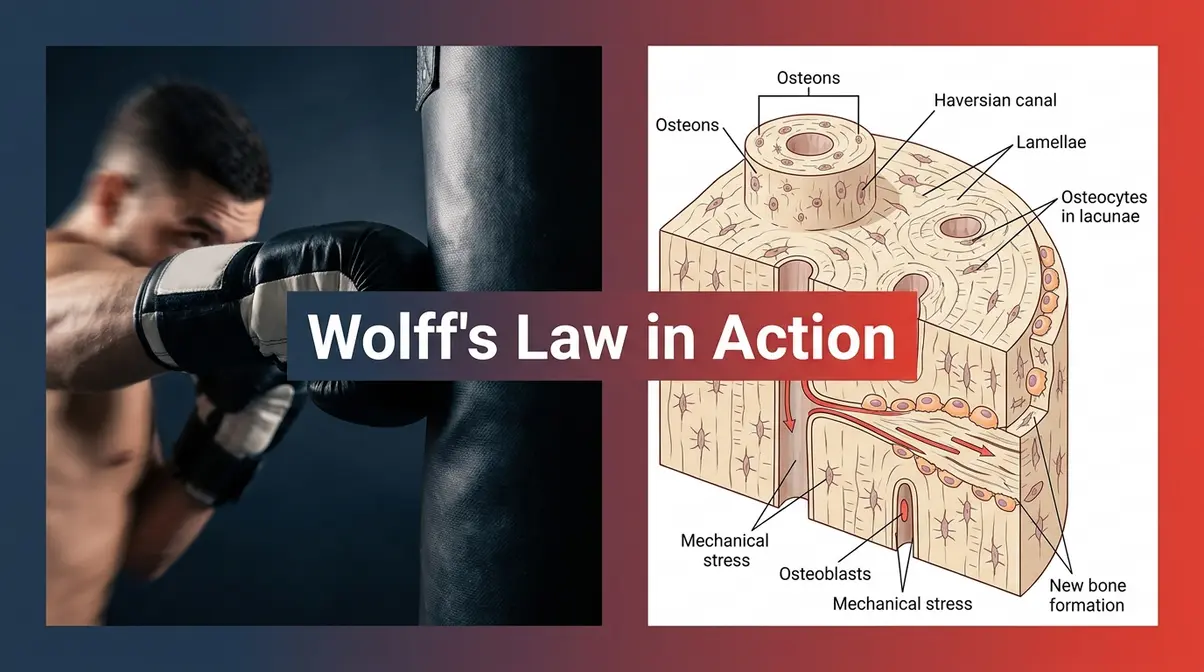 Boxing glove impact on heavy bag next to bone density cross-section showing Wolff's Law adaptation