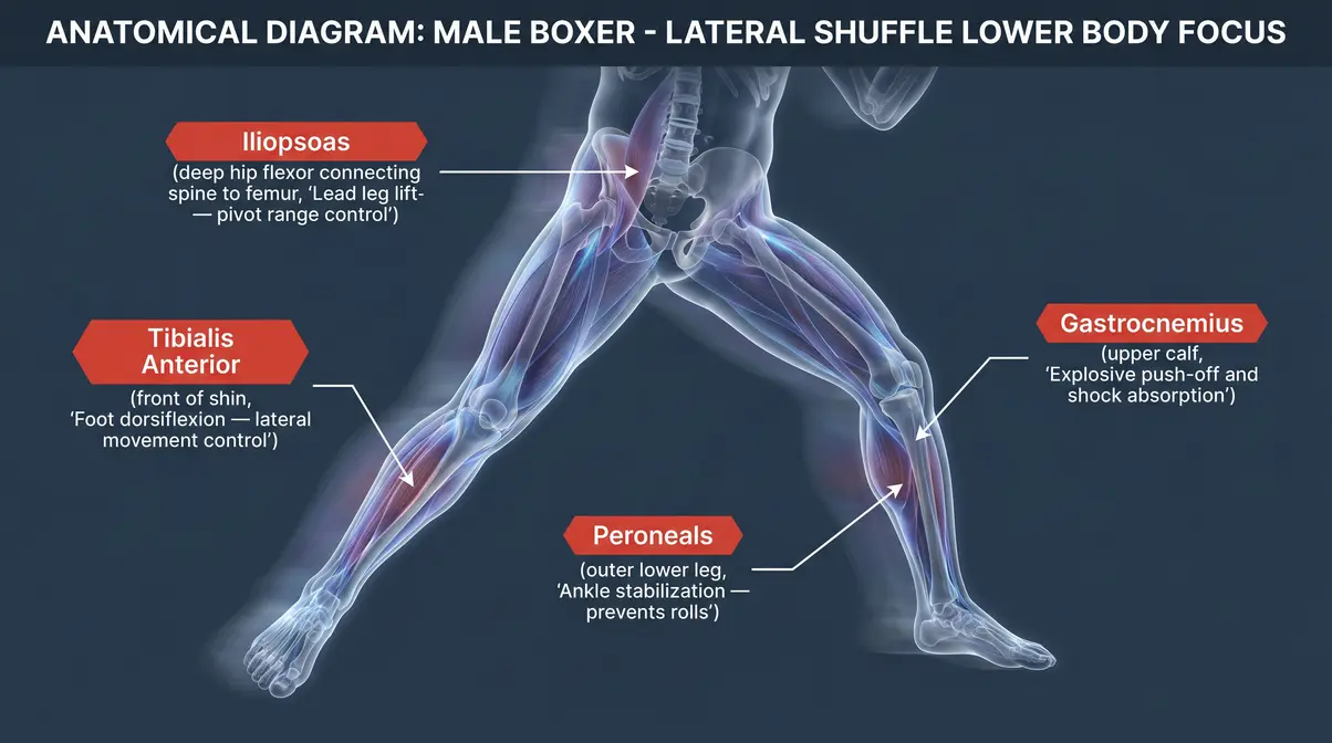 Anatomical diagram of boxing footwork muscles including hip flexors, tibialis anterior, and peroneals