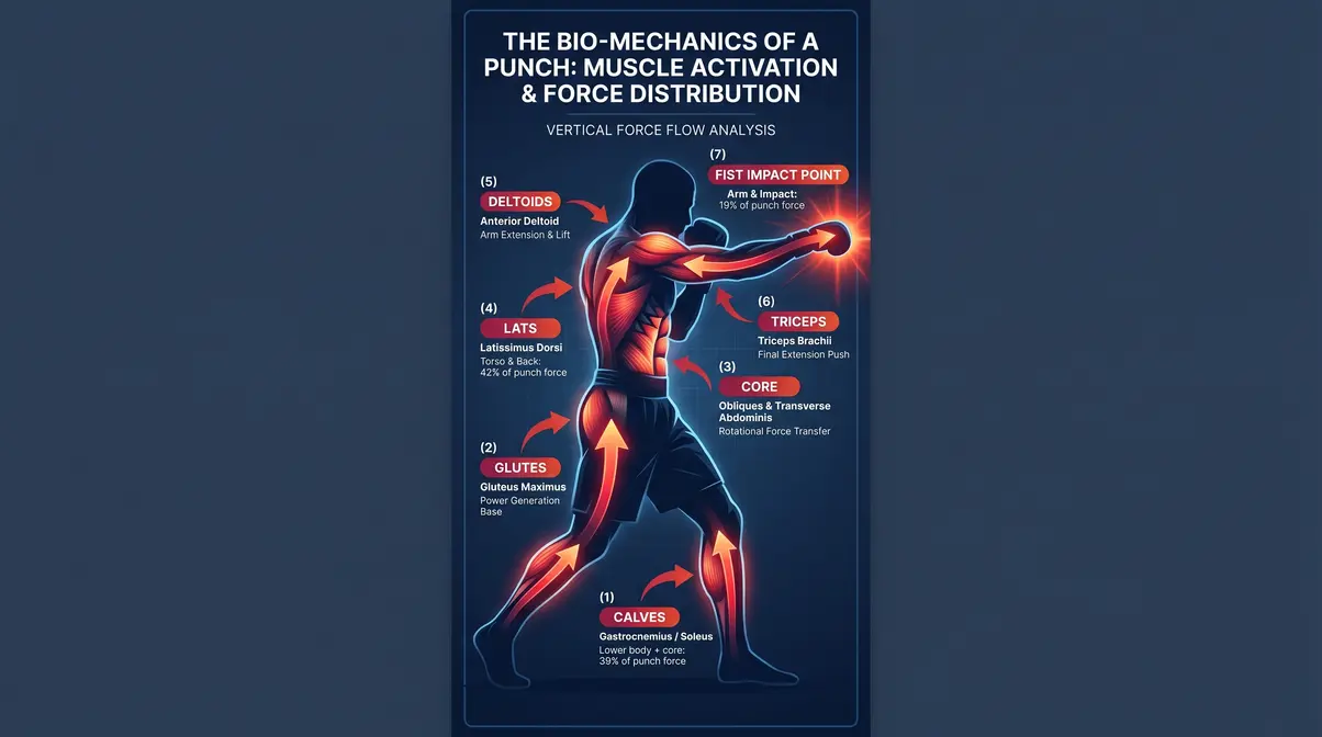 Kinetic chain infographic showing muscles used in boxing from feet to fist with force percentages