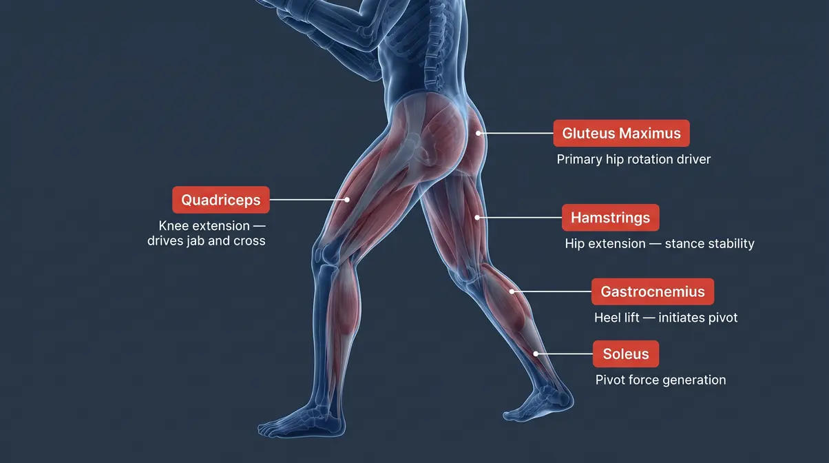 Anatomical diagram of lower body boxing muscles including quadriceps, hamstrings, glutes, and calves