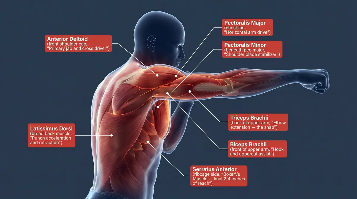 Anatomical diagram of upper body boxing muscles including deltoids, lats, serratus anterior, and triceps