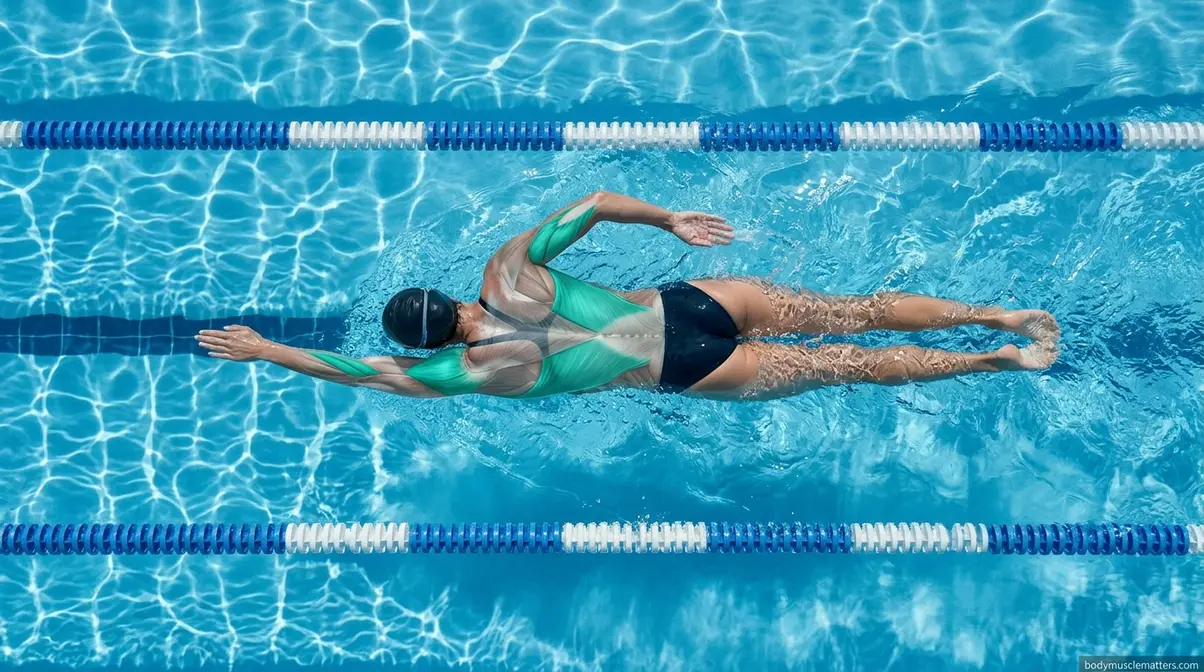 Freestyle swimmer mid-stroke aerial view showing muscle activation across stroke phases