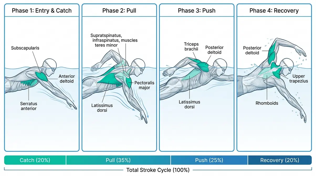 Freestyle swimming stroke phases muscle activation diagram showing four sequential panels with highlighted muscles
