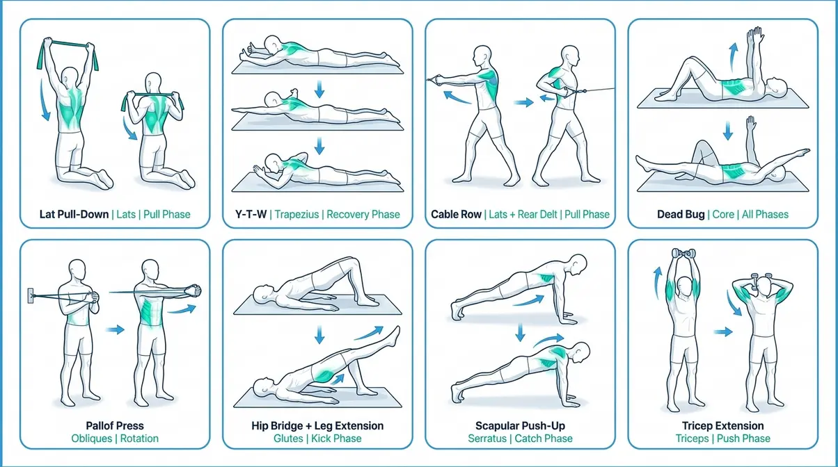 Eight dryland exercises for freestyle swimming muscles shown with start and end positions